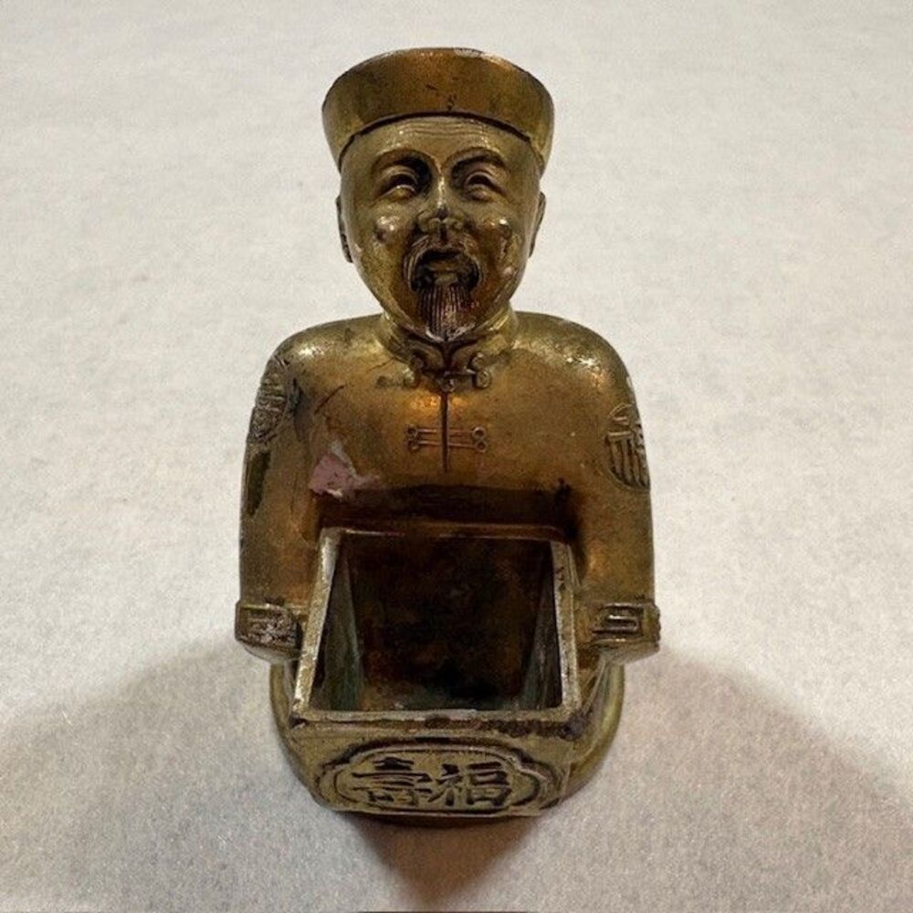 Vintage Chinese Brass Incense Holder Scholar Figurine Longevity Symbols Burner